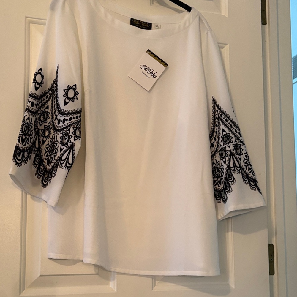 Bob Mackie White Blouse with Black Floral Embroidery